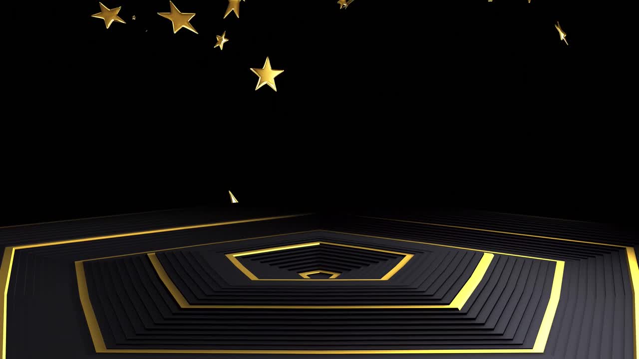 animación de estrellas doradas sobre una superficie hexagonal en movimiento con fondo negro