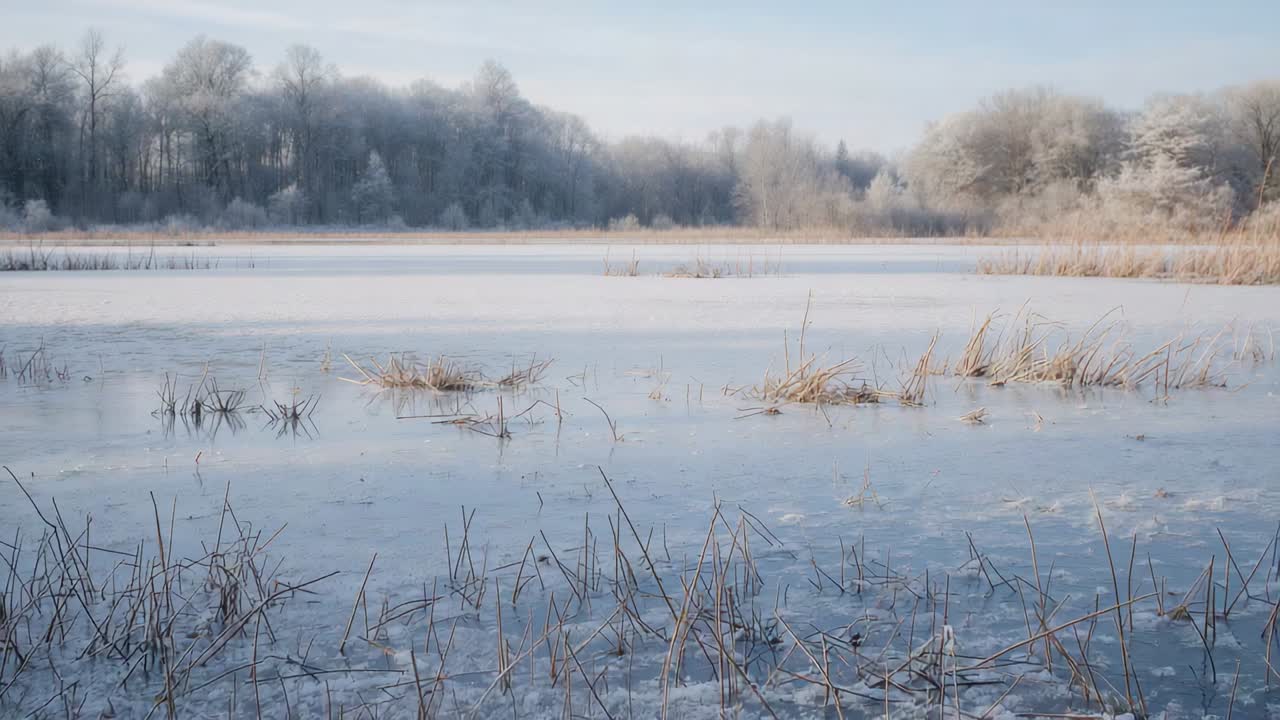 Moving camera revealing frozen wetland near shoreline, bringing reed clusters and icy sheet closer