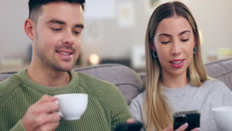 relax, coffee and a couple with a phone