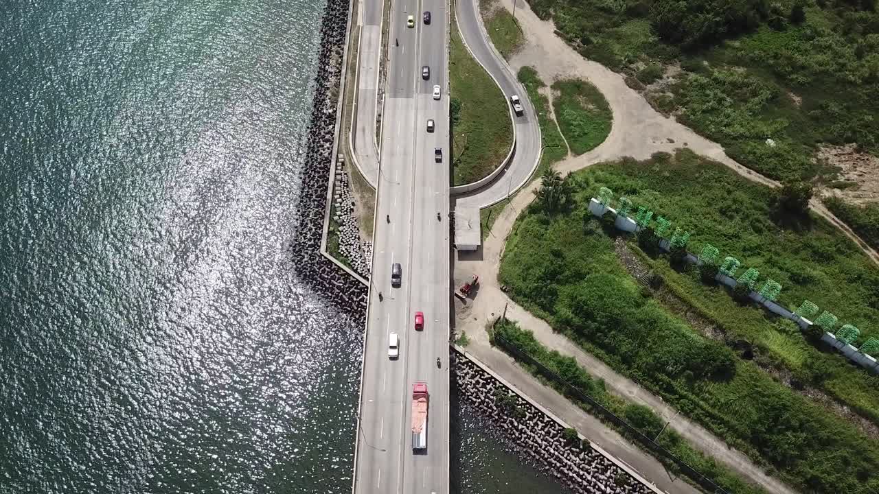 Cebu South Coastal Road Traffic On Bridge Above Sea, Birds Eye Aerial View