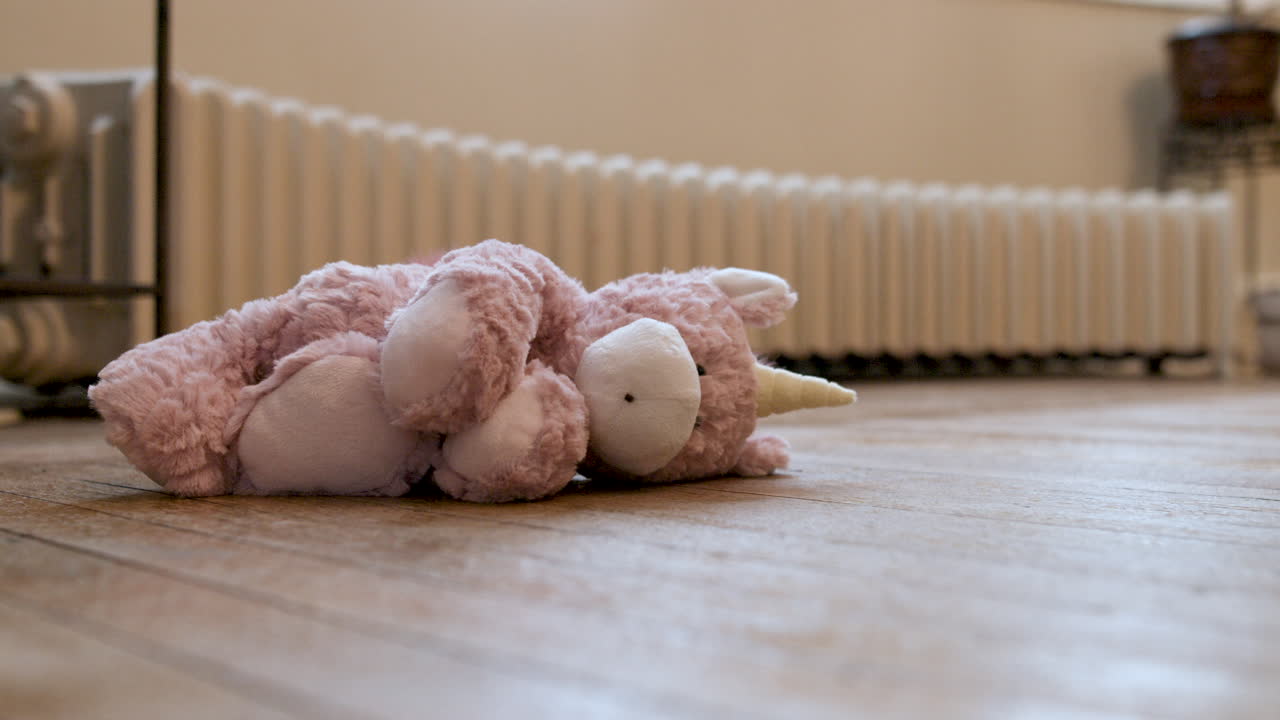 오래된 집의 라디에이터 앞 바닥에 앉아 있는 아기 장난감 유니콘의 사진