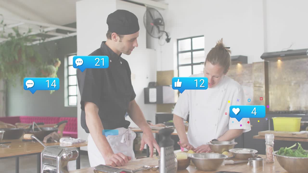 Chef duo starting slicing and explaining technique igniting social icons rising in cooking tutorial