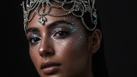 a stunning portrait of elegance: captivating beauty and intricate sparkling makeup with an ornate crown in a dark background