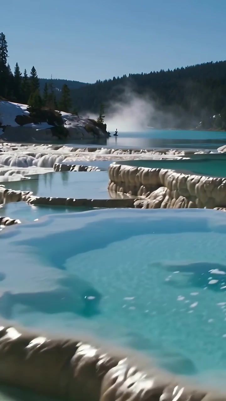Vertical video: Panning shot showing tiered pools flowing blue water in basin, steam, guest in coat