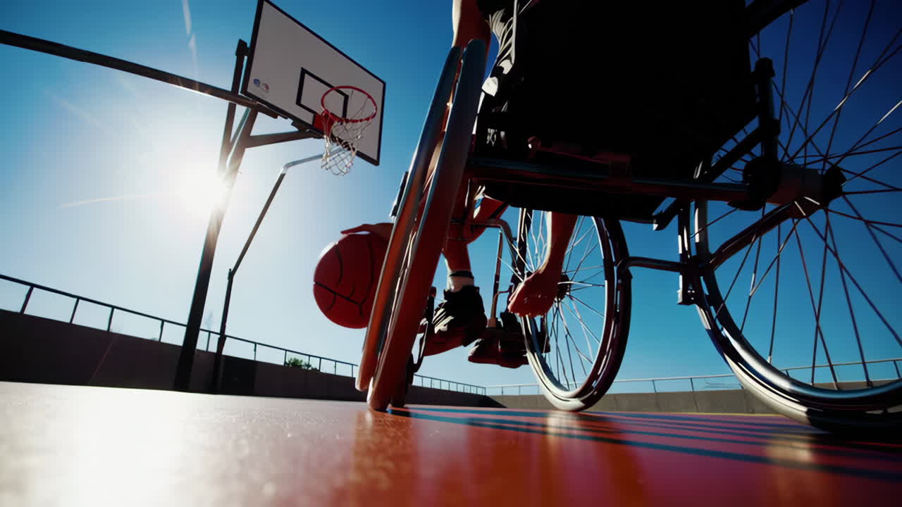 Dynamic Shot of Wheelchair Basketball Player Dribbling on an Outdoor Court