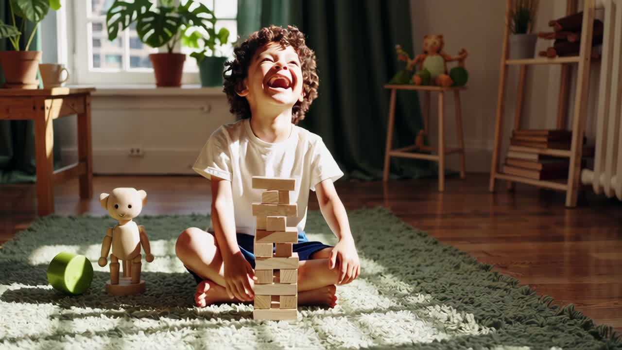 Happy Child Playing with Wooden Blocks