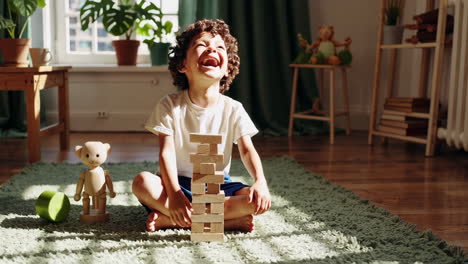 gelukkig kind dat met houten blokken speelt