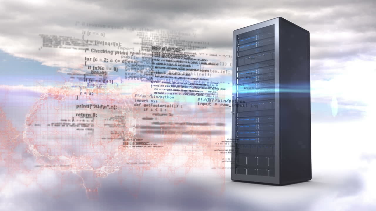 Animation of globe, data processing and server over clouds
