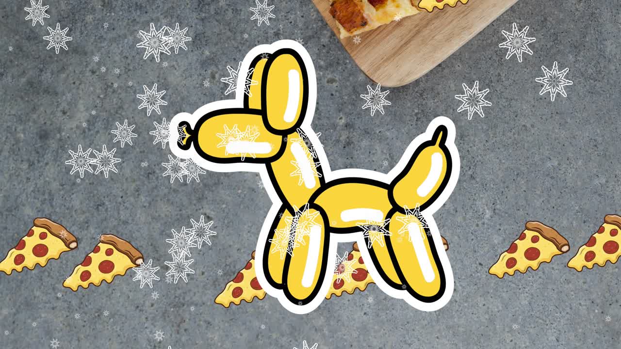 Animazione di palloncini che formano un cane, fette di pizza che cadono e fiocchi di neve sopra una fetta di pizza su un tavolo