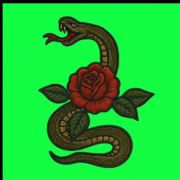 Illustrazione di un serpente avvolto intorno a una rosa rossa su schermo verde.