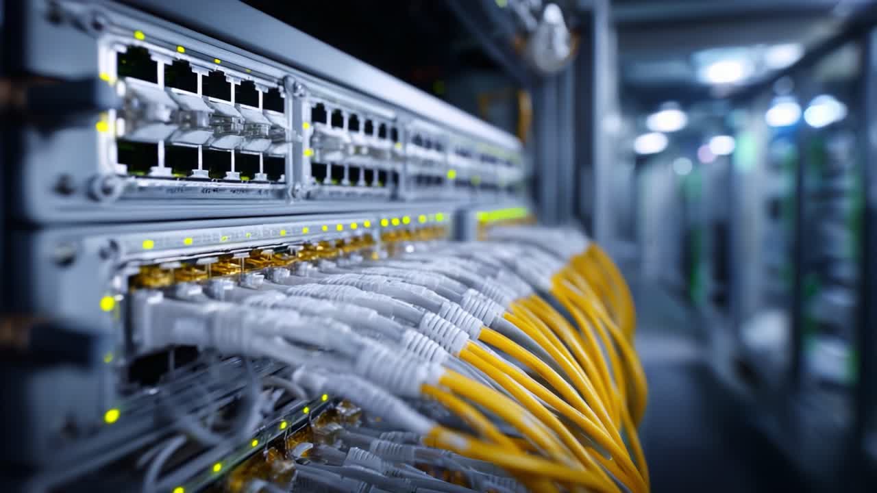 Close-up View of Network Switches and Ethernet Cables in a Data Center Environment with Active Indicators and a Background of Server Equipment