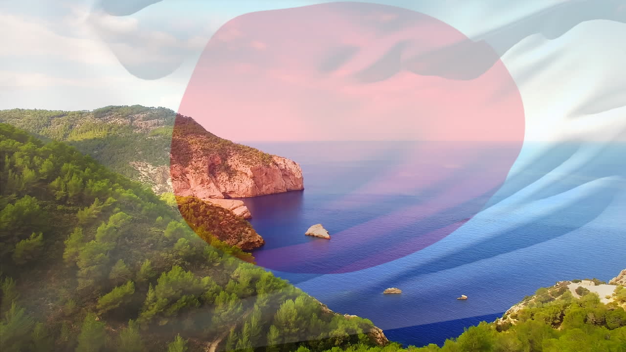 해변 풍경 위에서 날아다니는 일본 국기의 애니메이션