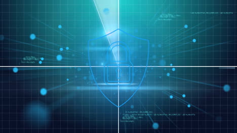 animation of digital lock and shield over blue grid with data points
