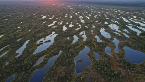 an aerial view of a swampy area at sunset