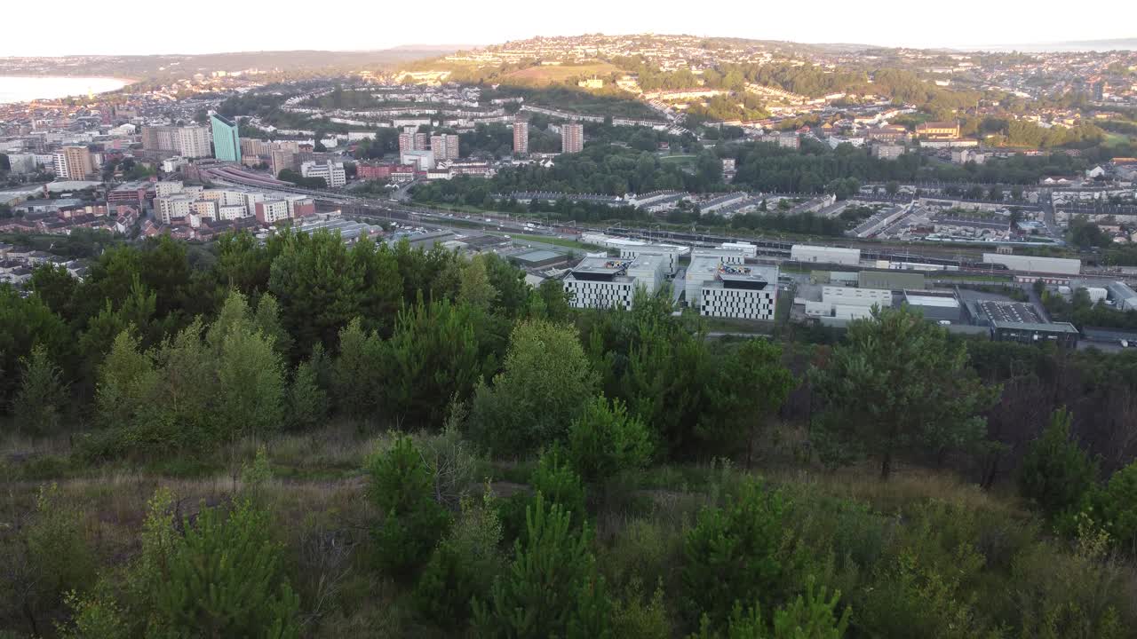 해가 뜨는 시점 에 배경 에 도시 가 있는 숲 에 대한 항공 사진