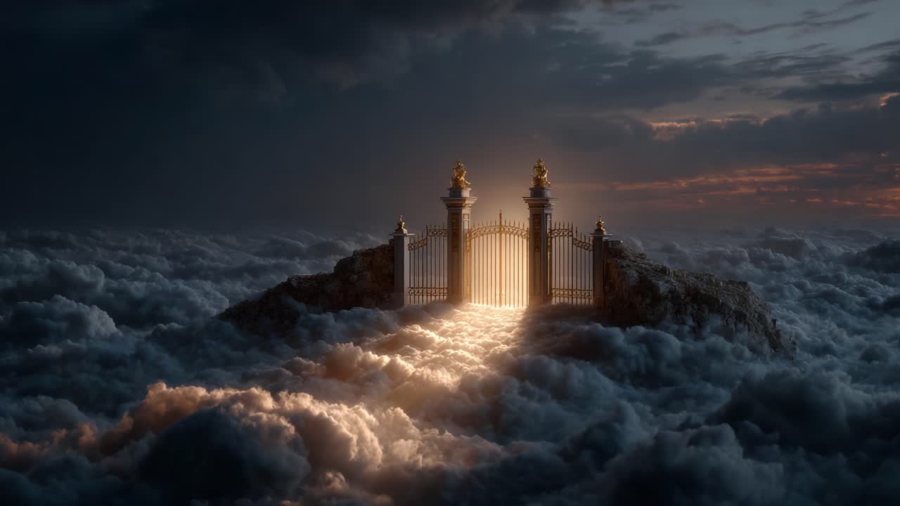 A Majestic Gateway Emerging from the Clouds, Illuminated by Radiant Light, Representing Hope, Opportunity, and a Journey Beyond the Ordinary Realm of Existence