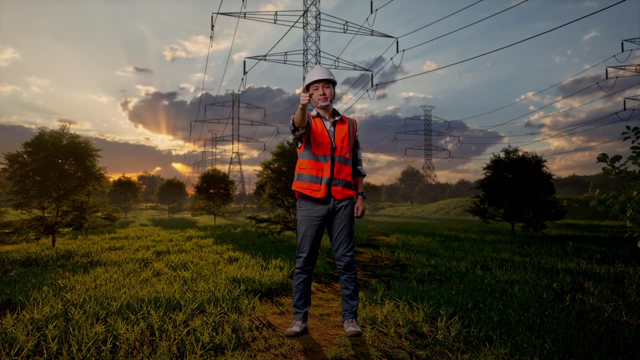 Engineer in Hard Hat and Safety Vest Pointing at Camera