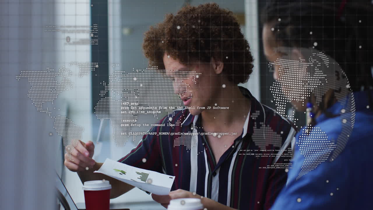 Animation of globe and data processing over diverse men discussing over a document at office
