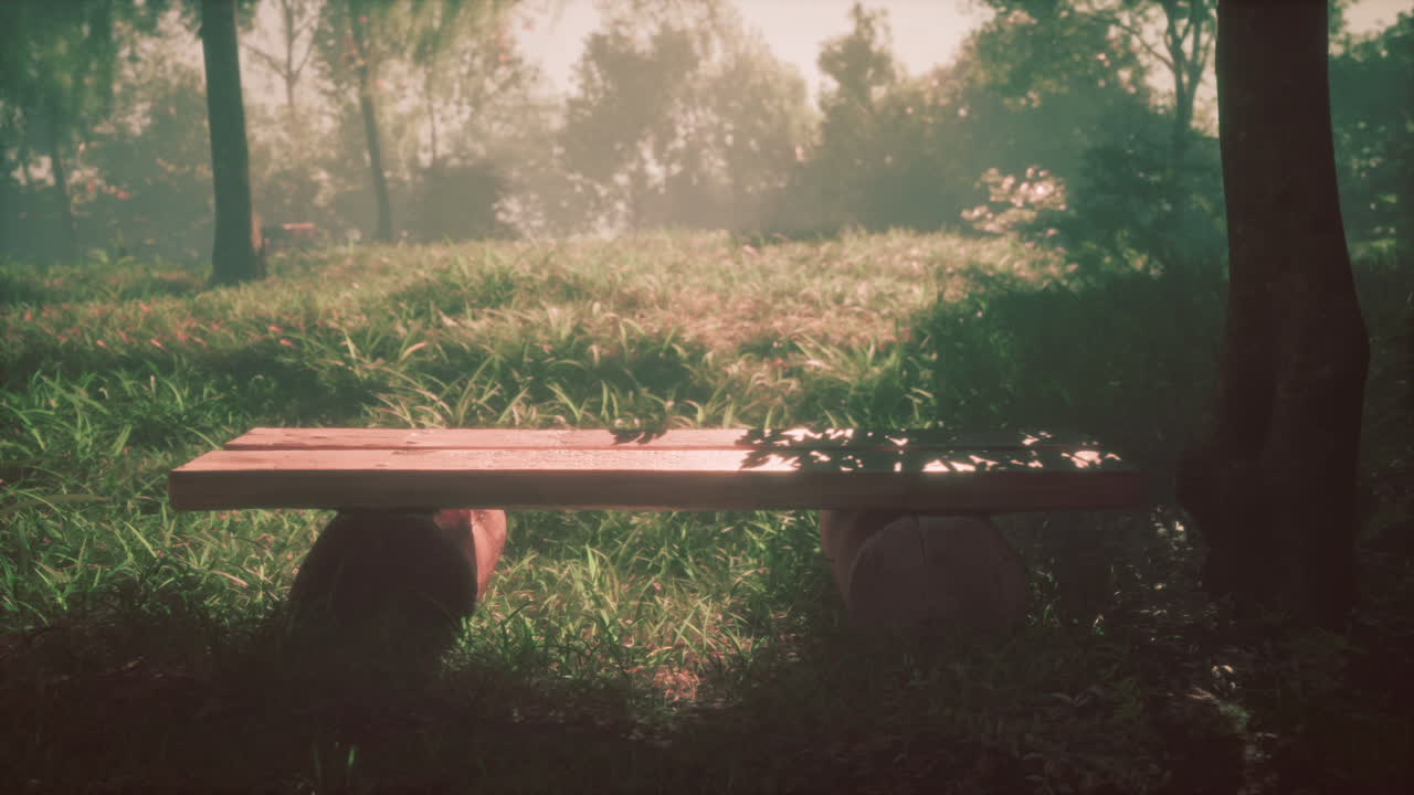 안개 숲 에 있는 농촌 의 나무 공원 벤치