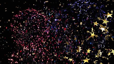 animation of stars floating over confetti and fireworks on black background