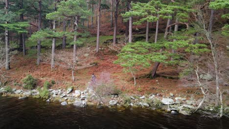 Drone-shot-of-a-man-hiking-on-the-edge-of-a-lake-in-rural-Ireland