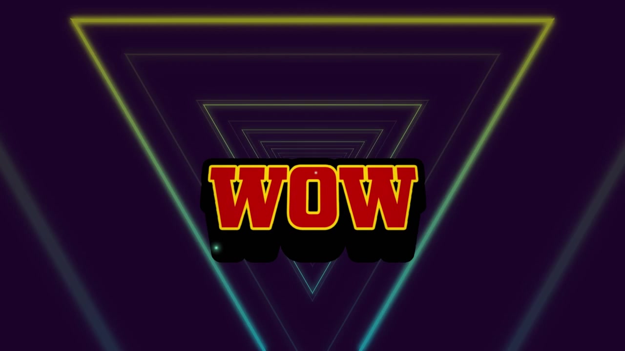 Animation of wow text over moving colorful geometrical shapes on dark background