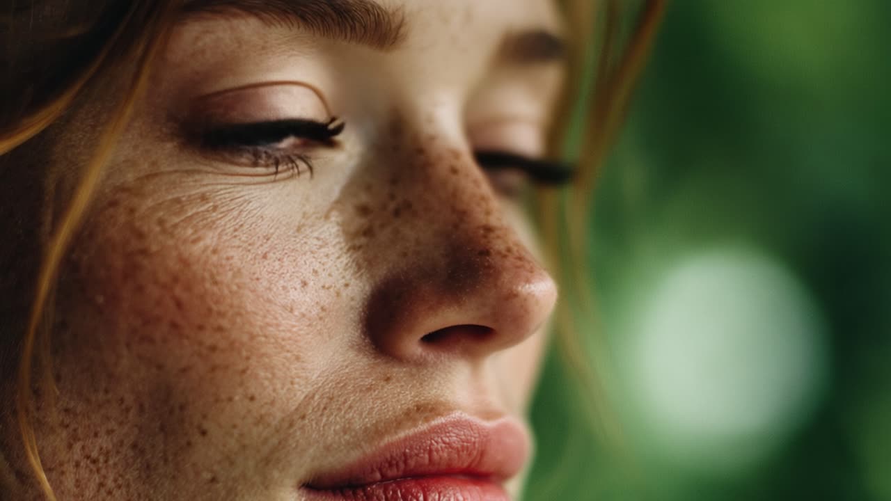 Captivating Close-Up Portrait: A Beautiful Young Woman with Freckles and Mesmerizing Blue Eyes, Evoking Emotions Against a Soft Green Background