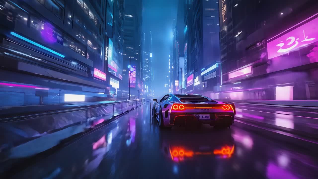 Futuristic Sports Car Driving Through a Neon Cyberpunk City at Night ...