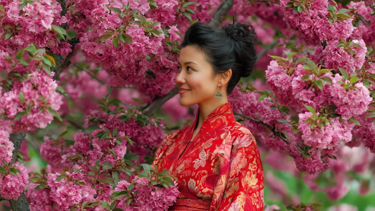 Una Bella Donna in Abiti Tradizionali Circondata da Vivaci Fiori Rosa, Che Cattura l'Essenza della Primavera in un Contesto Naturale Sereno