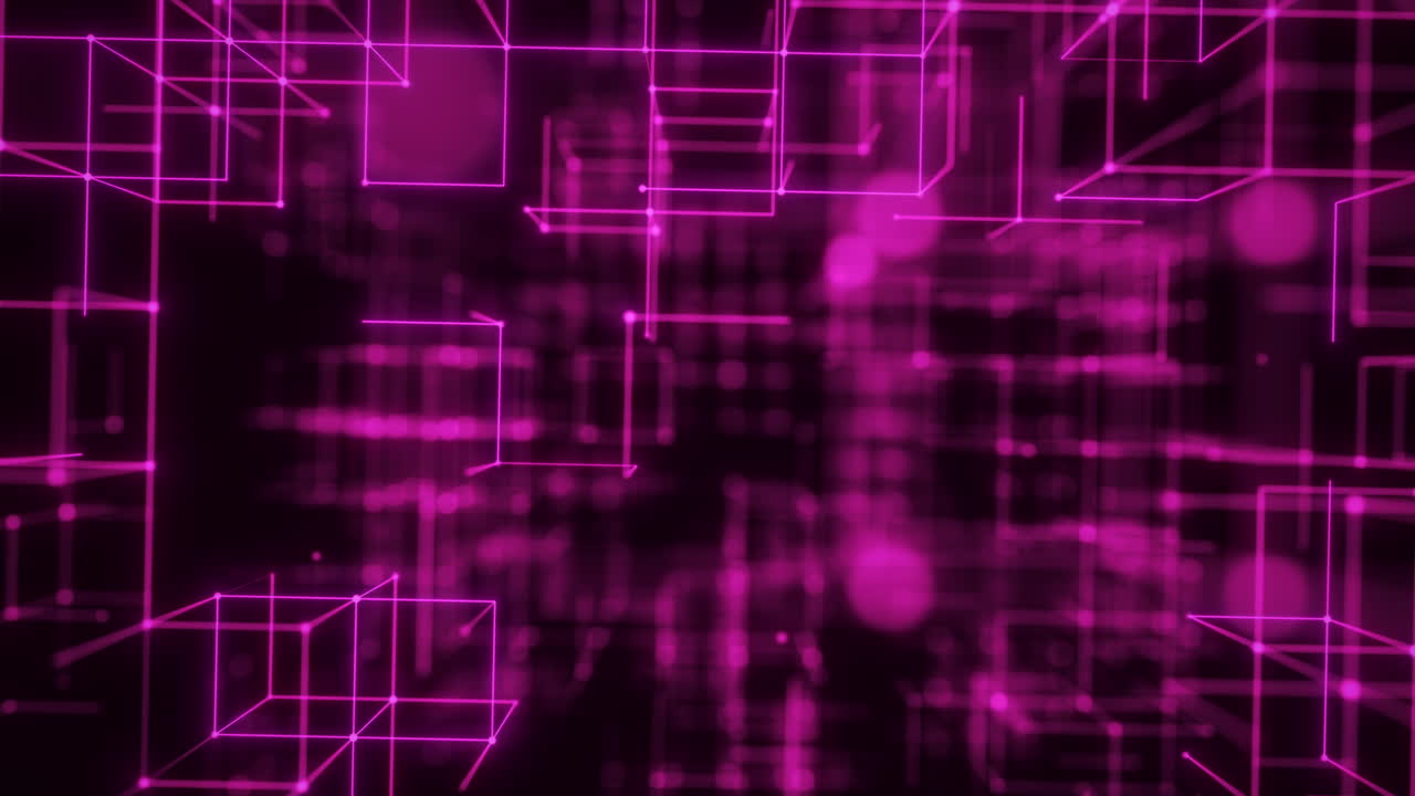 Violet Neon Wireframe Grid in Dense Digital Geometry. Looped 3D rendering