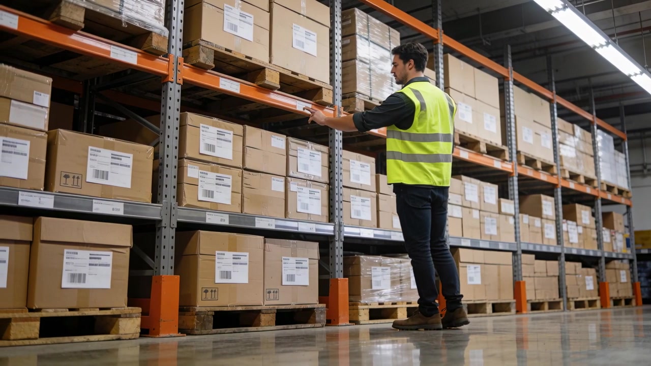 Operatore di picking a piedi in un corridoio con scaffalature portapallet con giubbotto ad alta visibilità che controlla le etichette, raggiungendo un pallet, con spazio per il testo.