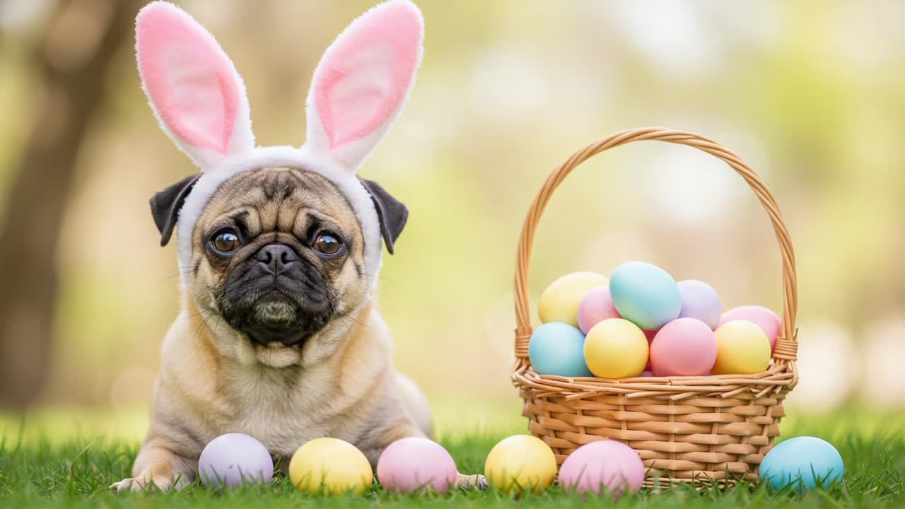 Adorable Pug in Bunny Ears Surrounded by Colorful Easter Eggs in a Sunny Outdoor Setting, Capturing the Spirit of Festivity and Playfulness