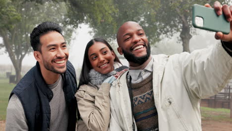 friends, group selfie and camping in nature