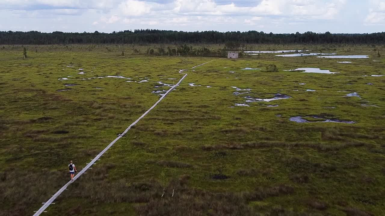 la siguiente antena de un hombre caminando por un sendero de madera en nigula bog en estonia en verano