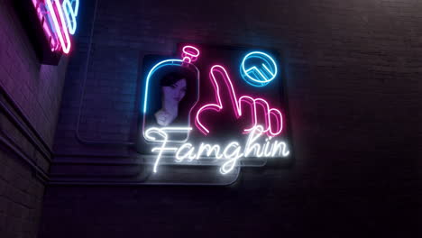 glowing neon sign with stylized woman and hand on a dark brick wall