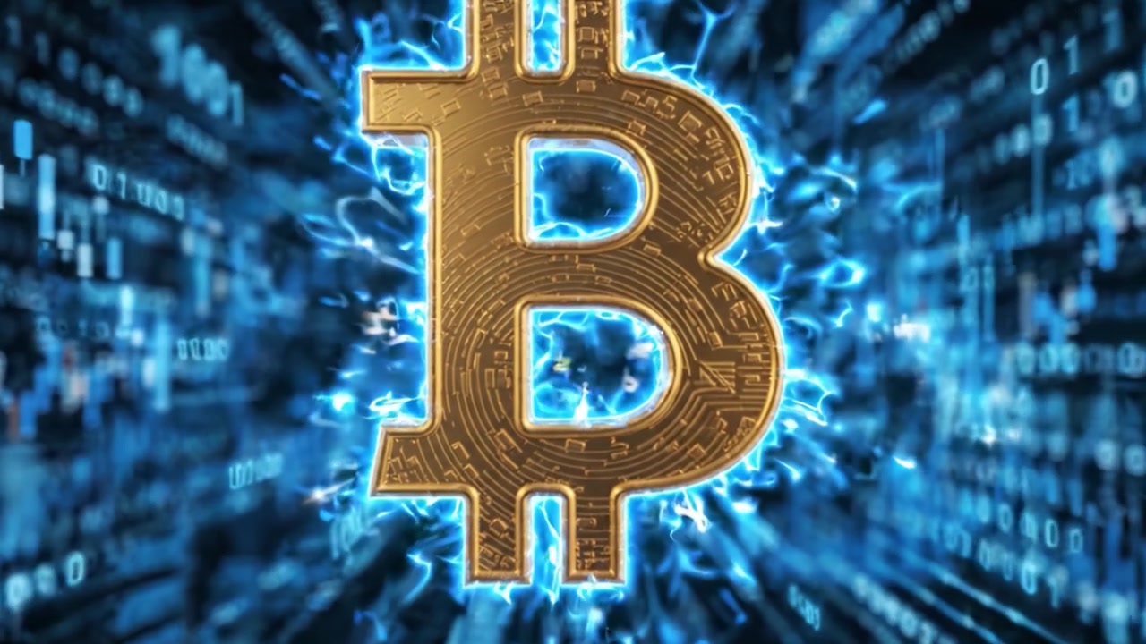 Un simbolo Bitcoin dorato e scintillante che rappresenta l'innovazione delle criptovalute e la tecnologia finanziaria su uno sfondo digitale binario