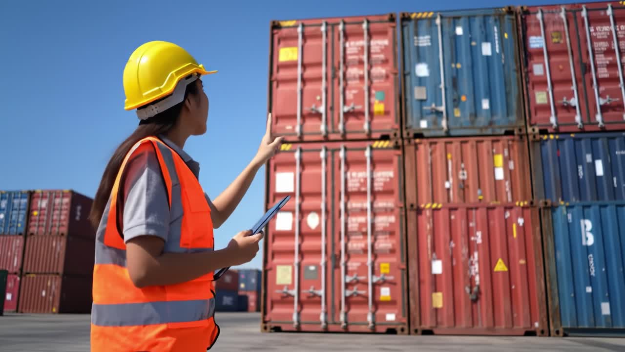 A construction worker in a safety helmet and vest inspects and manages shipping containers while taking notes to ensure compliance and efficiency at a logistics site.