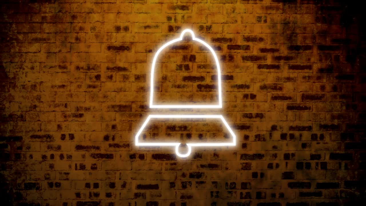 벽돌 벽에 박이는 네온 종 알림 아이콘의 애니메이션