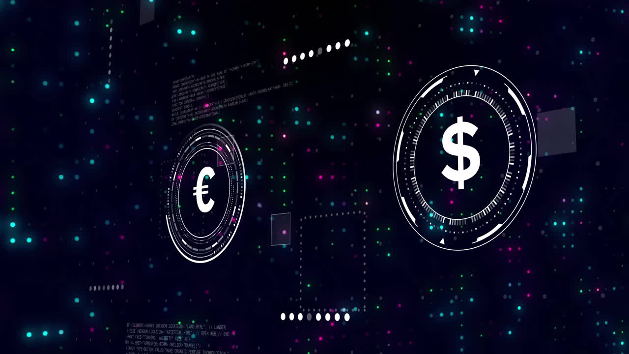 Euro and dollar currency symbols with digital data processing animation