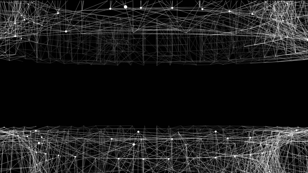 A clean digital border featuring top and bottom white wireframe plexus structures. Perfect for framing text in technology presentations, sci-fi titles, and corporate data videos