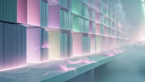 futuristic pastel library with ethereal glow