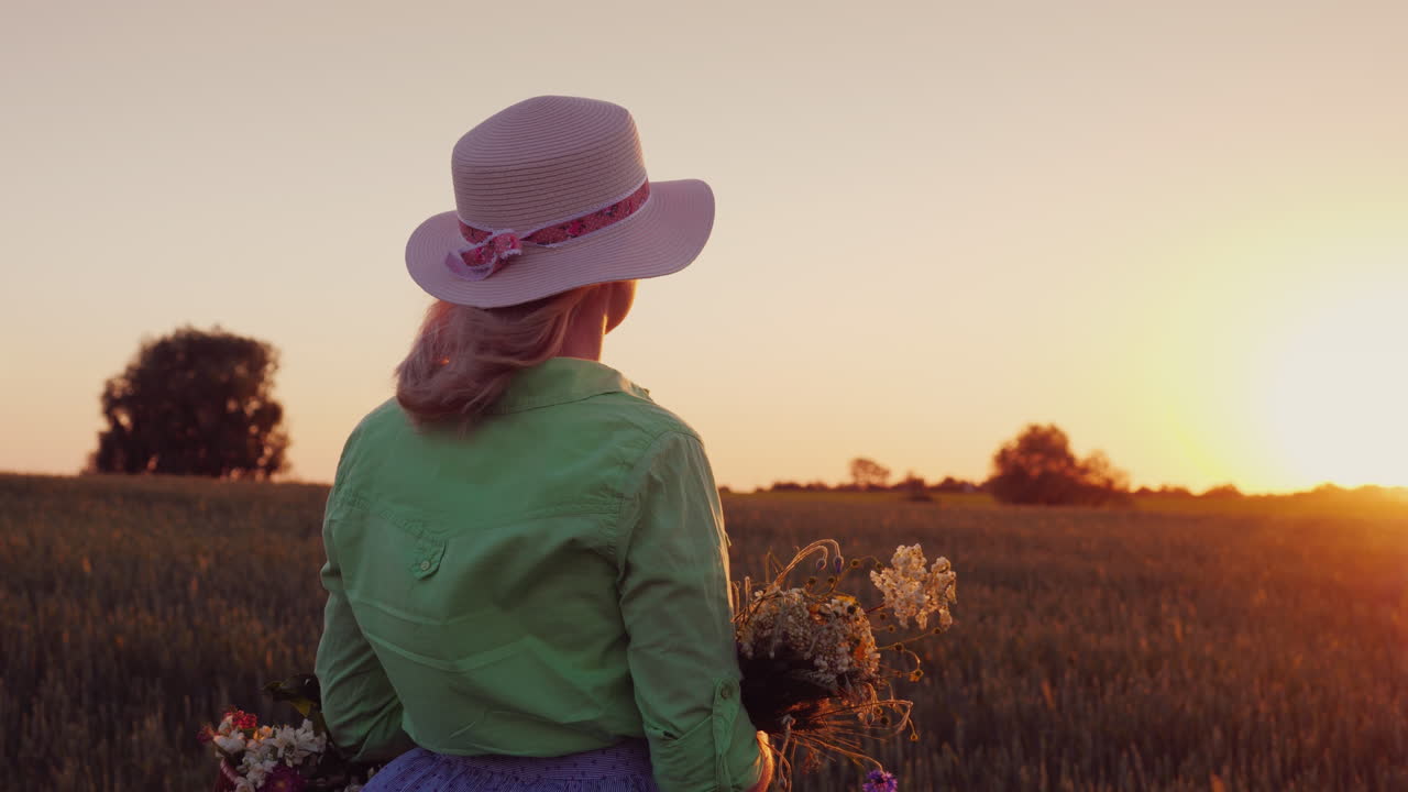 una mujer romántica con un sombrero y un ramo de flores silvestres admira la puesta de sol sobre el campo de trigo