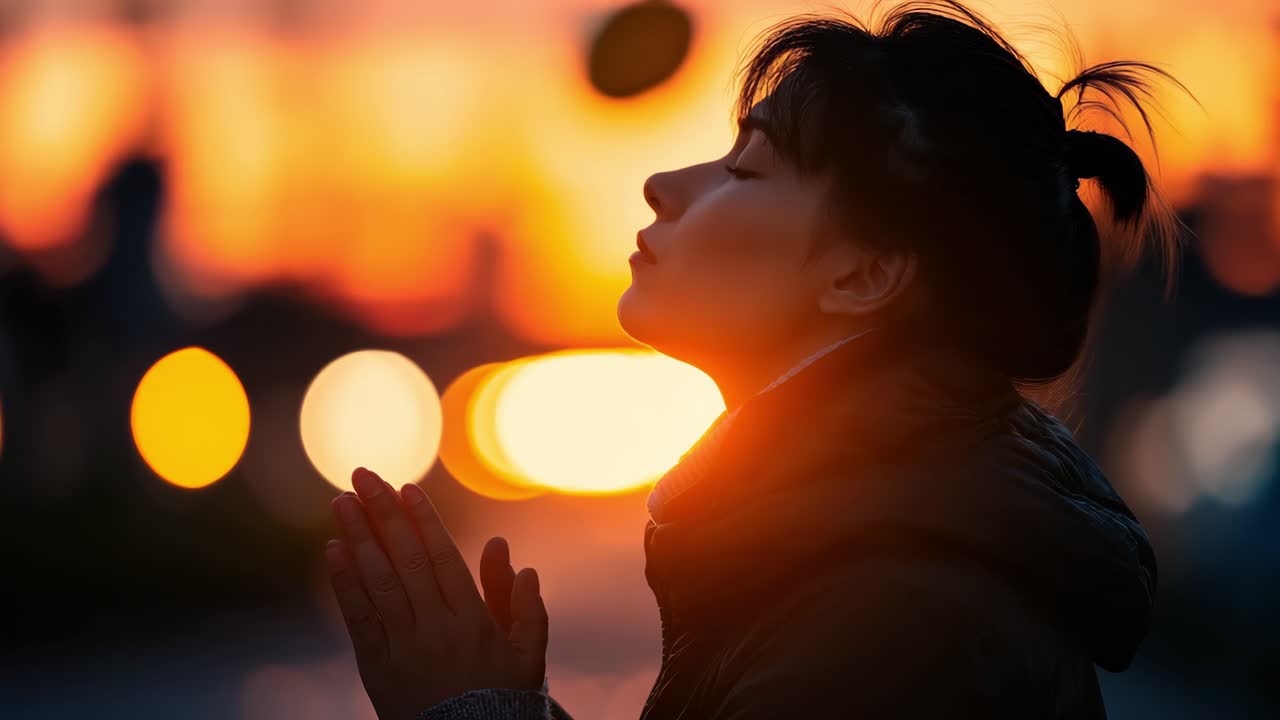Silhouetted woman joining hands in prayer, sunset cityscape glowing softly behind, radiating serene spiritual contemplation against urban twilight backdrop