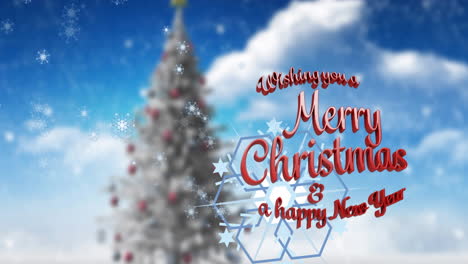 animation of merry christmas and a happy new year text over christmas tree and sky