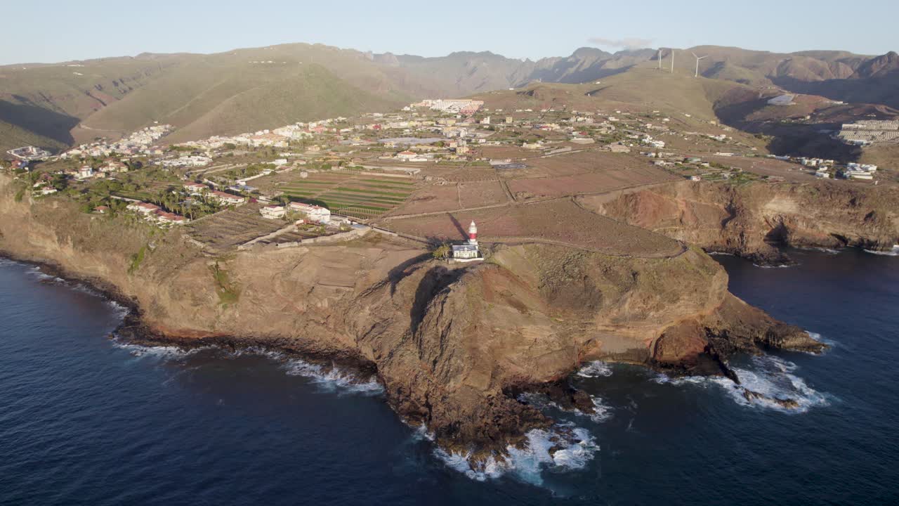 Beautiful panoramic footage of El Faro de San Sebastian on the island of La Gomera. Drone shot