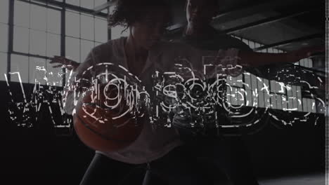 animación de palabras puntaje alto sobre hombre y mujer jugando al baloncesto