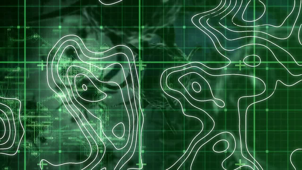 topografía sobre red de rejilla contra múltiples células de covid-19 en fondo gris