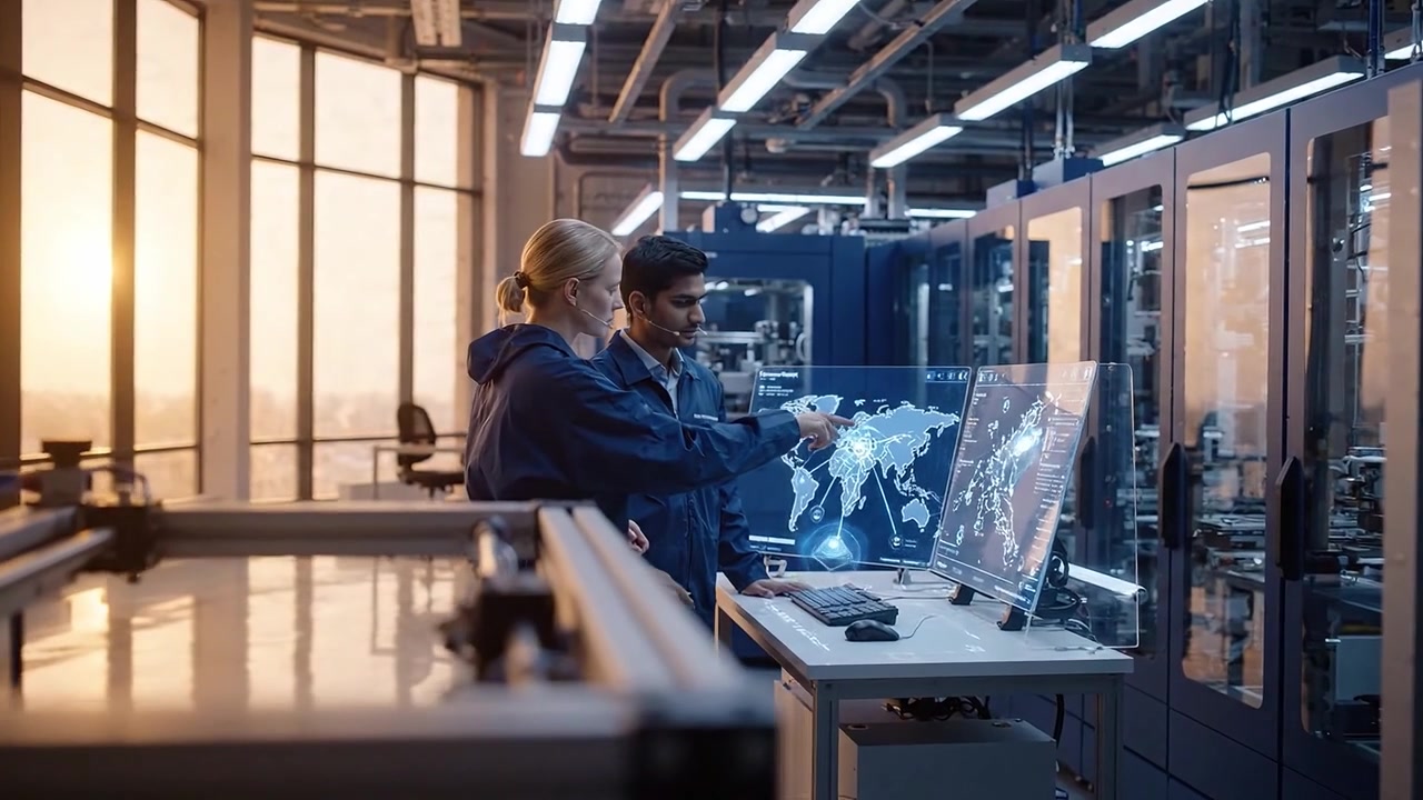 Engineers Analyzing Global Data on Transparent Screens in Modern Factory