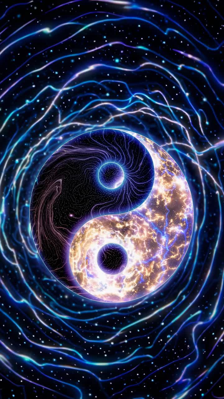 A cosmic yin-yang symbol with glowing energy waves, viewed from a top-down angle