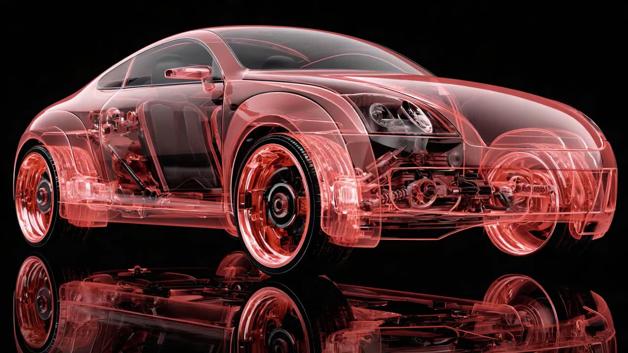 Visualizzazione dell'ingegneria automobilistica: uno sguardo approfondito al design trasparente di un'auto che mette in mostra la meccanica interna e le caratteristiche estetiche in un bagliore neon